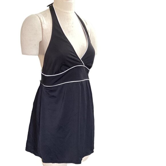 Lands' End Halter 1-Piece Swimsuit Black w/ White Piping Plus Size 18 #135G - Picture 3 of 6